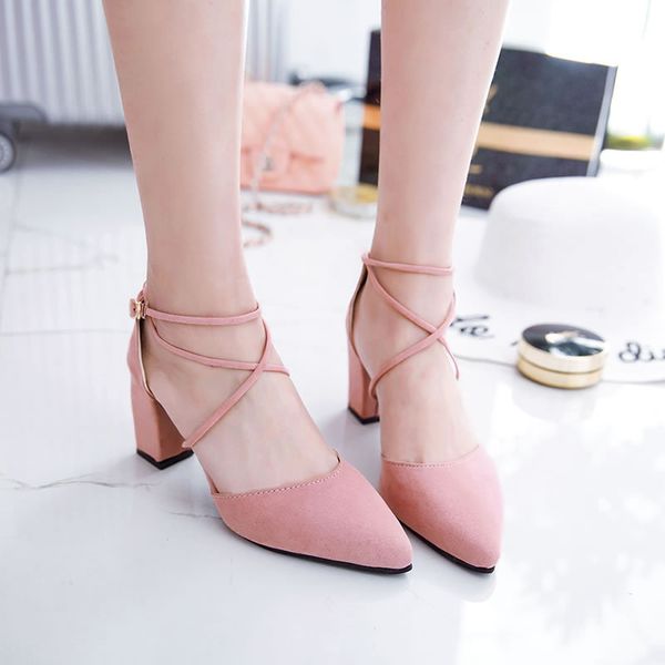 

summer new sandals women shoes woman thick high heels cross tie word buckle pointed toe solid flock ladies shoes pumps, Black