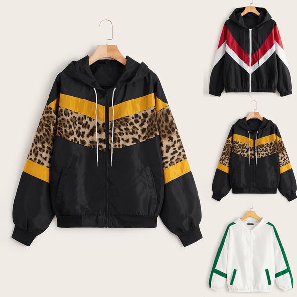 

womens long sleeve sport clothing casual print leopard thin hooded zip stitching coat outwear breathable jacket#1126, Black;red