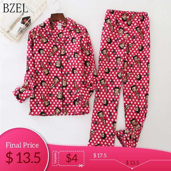 

bzel 2pcs cotton pajamas sets cute cartoon girl home pyjamas women plus size sleepwear new style pijamas femme homewear mujer, Black;red