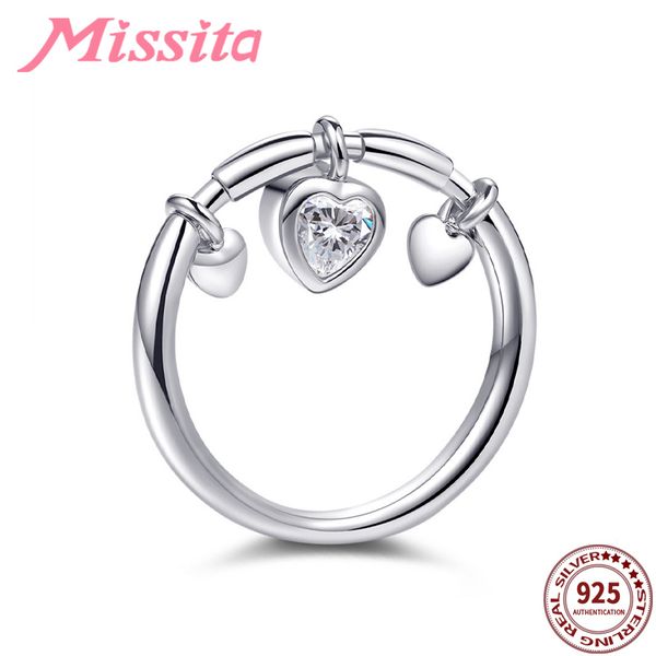 

missita 100% 925 sterling silver forever love heart finger rings for women silver jewelry brand crystal ring anniversary gift, Golden;silver