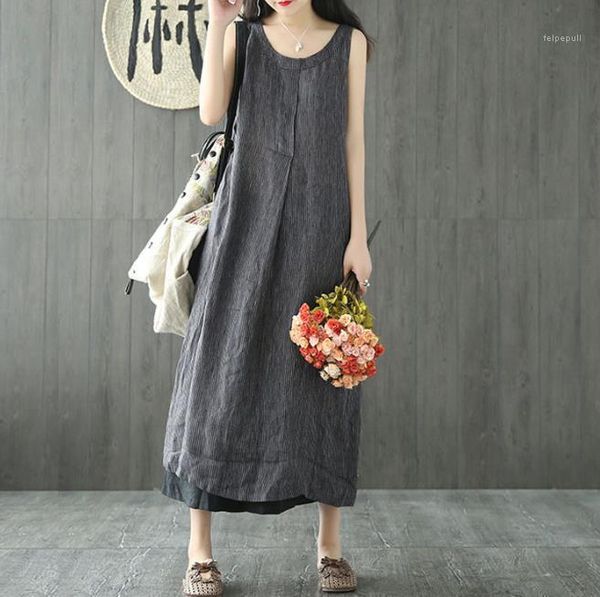 

literary style fashion apparel womens summer stripe linen dresses crew neck sleeveless relaxed midi female clothing casual, Black;gray
