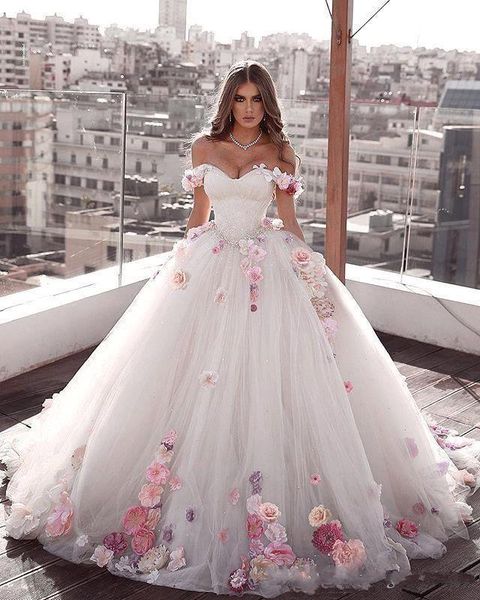 

glamorous off shoulder tulle princess ball gown weeding dresses handmade flowers beaded sequined weddnig dress bridal gowns plus size, White
