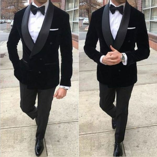 

fashion black velvet prom blazers men suit for wedding shawl lapel groom tuxedos 2 piece smoking jacket slim fit terno masculino, White;black