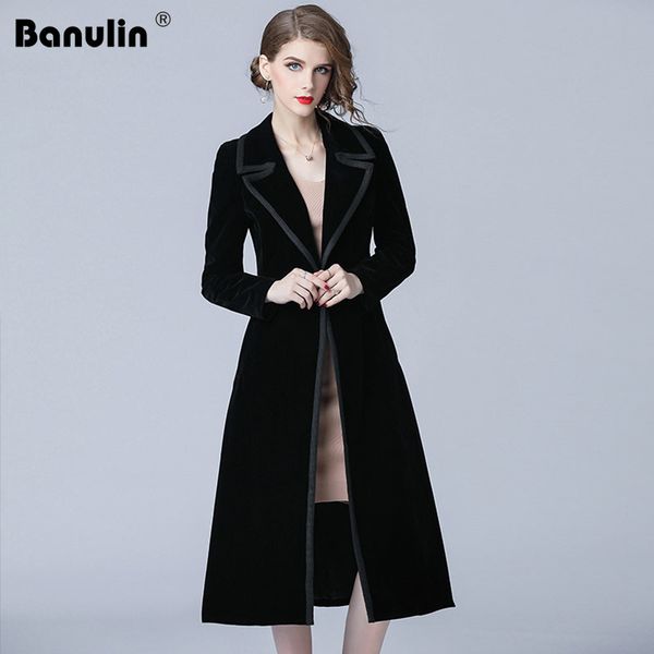 

banulin 2018 winter runway designer women vintage notched collar wrap black velvet maxi coat thick warm long trench coat outwear, Tan;black