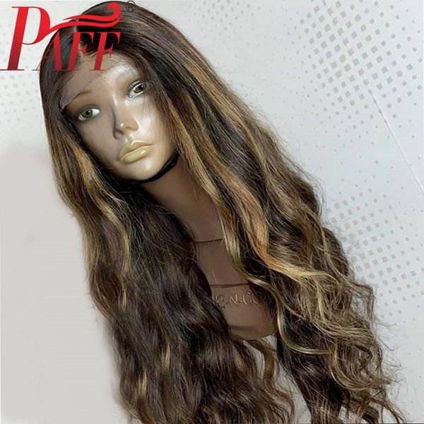 

paff 13x4 highlight human hair wig with baby hair pre plucked wavy lace front wigs remy brazilian glueless mixed piano color, Black;brown