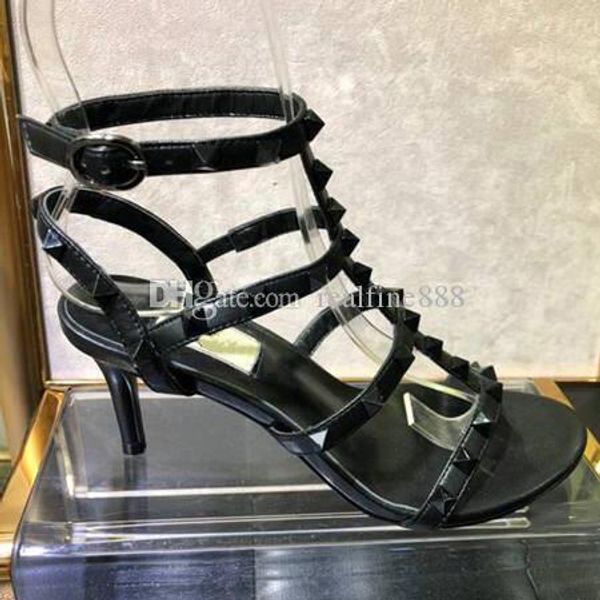 

5a 912200 6.5cm heel studs calfskin leather ankle strap sandals shoes,adjustable straps,size 34-42,dhl ing, Black
