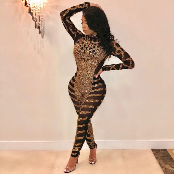 

designer women long sleeve jumpsuits collar rhinestone irregular mesh high waist jumpsuit womens party romper clothing size s-2xl, Black;white