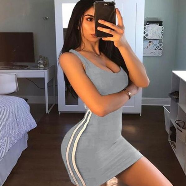 

повседневный серый tight платье женщины мода 2019 sexy stretch тонкий платья лето полосатый танк плюс размер vestidos, Black;gray