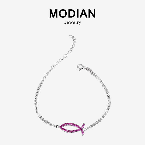 

modian 100% 925 sterling silver clear cubic zirconia pink fish fashion bracelet for women charm jewelry valentine's day gift, Black