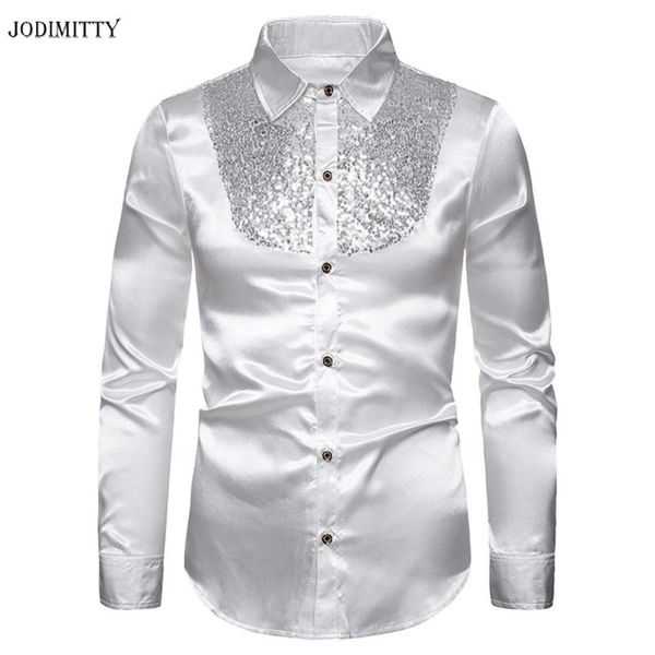 

jodimitty sequin silk satin shirt men wedding groom dress shirts solid mens nightclub disco dance prom costume chemise homme, White;black