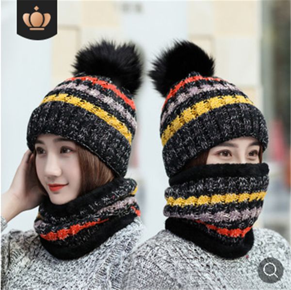

2019 winter seller ladies matching scarf knit cap fur ball hat outdoor integrated hat, Blue;gray