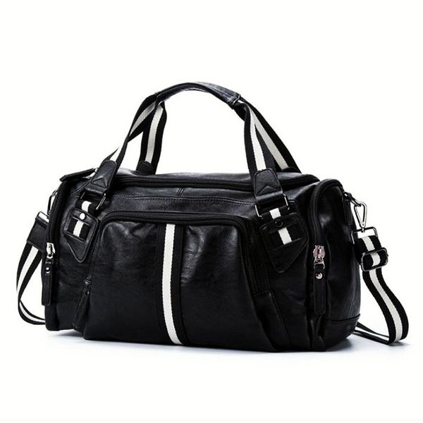 

pu travel storage bag for gym men super soft leather luggage bag new style black fitness handbag male big crossbody boarding