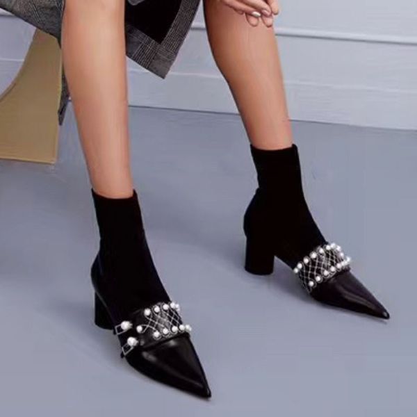 

designer pearl zapatos mujer stretch short ankle women boots pointed toe high heels pumps women shoes combat thigh high botas, Black
