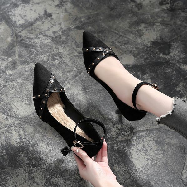 

shoes female 2019 new pointed high heel stiletto black rivet single shoes shallow mouth wedding shoes