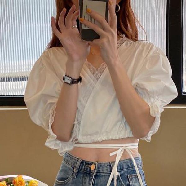 

vintage bandage blouse women crop summer lace positive and negative two wear v-neck shirt, White