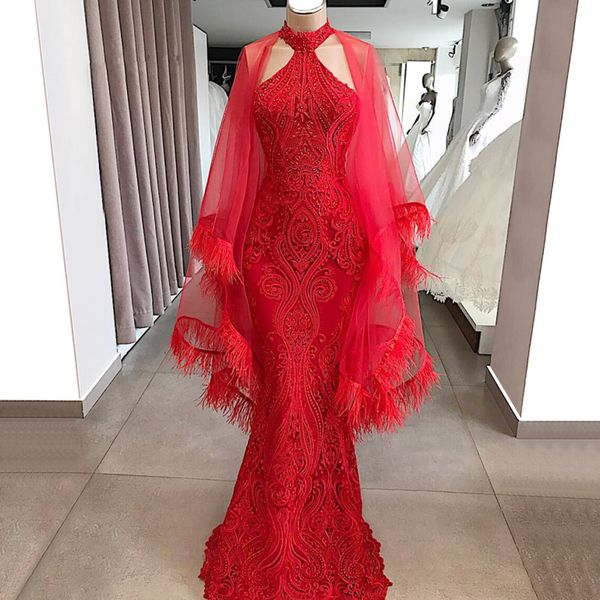 

luxury mermaid red feather prom dresses with wrap high neck full lace beads evening gowns vestido de fiesta formal event wear, Black