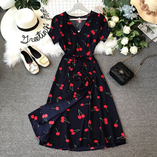 

women girl summer break skirt a chip in the cherry long wrap dress cultivate morality floral chiffon dress, Blue;gray