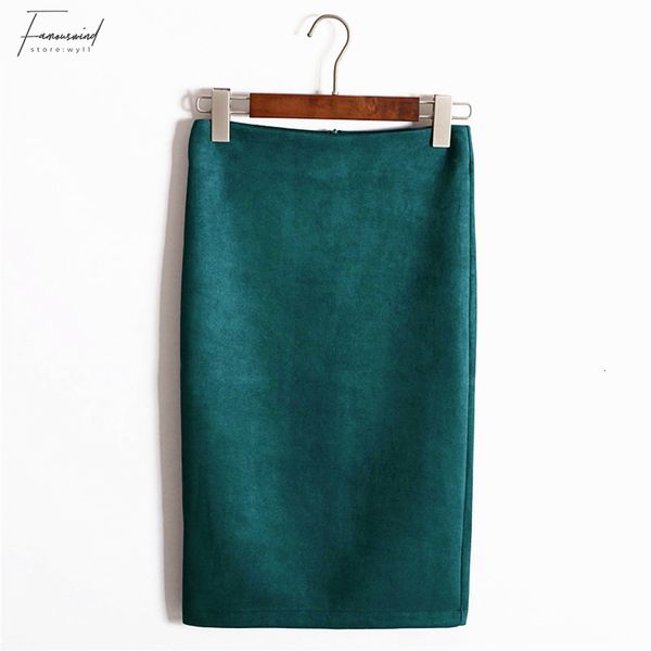 

women skirts pencil skirt women midi skirts suede solid 7 colors female autumn winter high waist bodycon vintage split stretchy sp012, Black