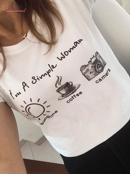 

im простой женщина саншайн кофе и камера белой рубашки женской crew neck t shirt grunge эстетической слоган camiseta тройники tops, White