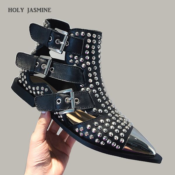 

2019 autumn women rivet ankle boots belt buckle cut out black short boots metal pointed toe punk style fashion brand flat shoes