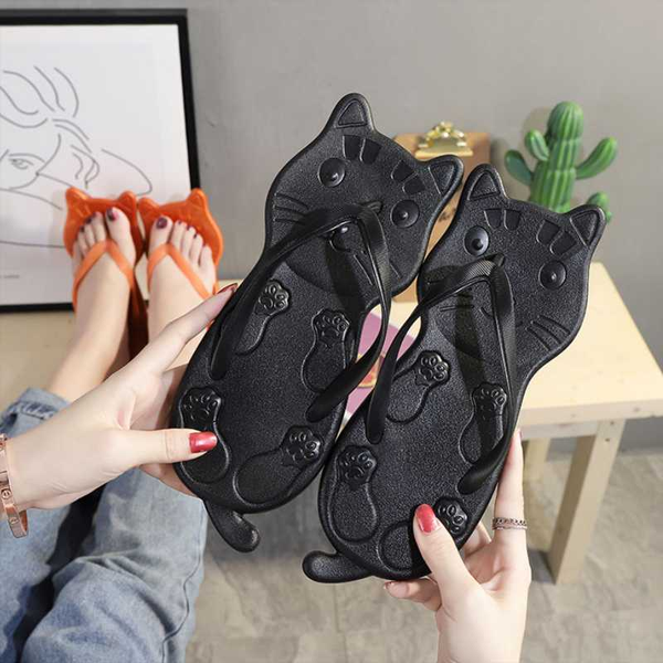 

2020 new flip-flops fashion non-slip cute cat summer outdoor beach slippers, Black
