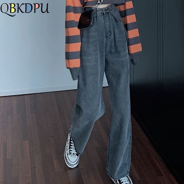 

loose vintage woman long jeans 2020 autumn bleached casual boyfriend denim wide leg pants oversize high waist jean streetwear, Blue