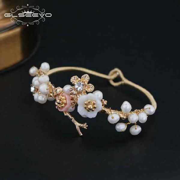 

glseevo natural fresh water baroque pearl bracelet for women shell flower bracelets & bangle fine jewelry bracciali gb0051, Black