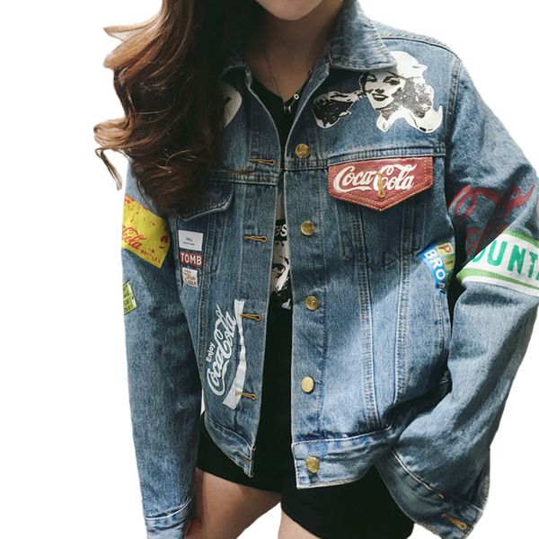 

2019 spring graffiti denim jacket women streetwear loose vintage coat single breasted casacos feminino jean jacket outerwear, Black;brown