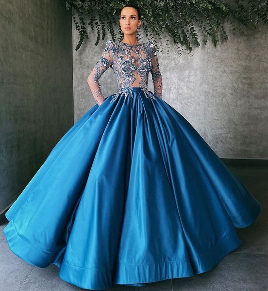Atemberaubende blaue Perlenkugelkleid Prom Kleider Juwel Hals Langarme Pailletten Abendkleider Plus Größe bodenlange Satin Formale Kleid 407