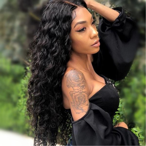 

24inch щипанные глубокие волны парик фронта шнурка человеческих волос с волосами младенца бразильский реми 13 * 4 полные парики фронта шнурк, Black