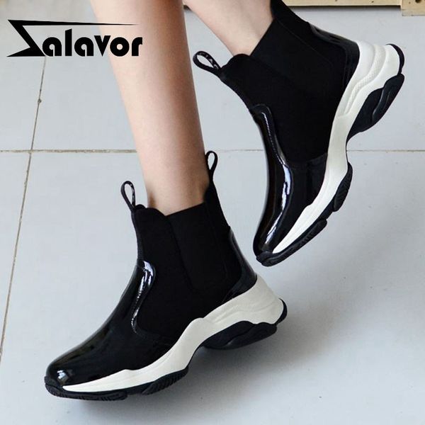 

zalavor women real leather fashion ankle boots punk sneakers outdoor slip on winter botas round toe shoes women size 35-40, Black
