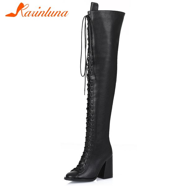 

karin 2020 new fashion chunky high heels over the knee boots woman shoes lace up concise autumn boots women shoes, Black