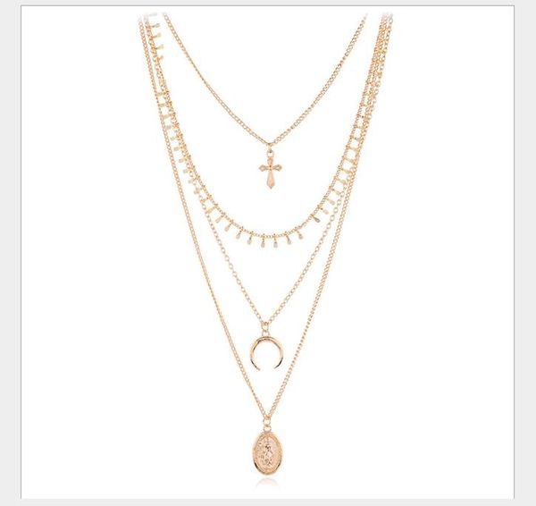 

jewelry cross moon necklace personality bull corner four layer necklace, Silver