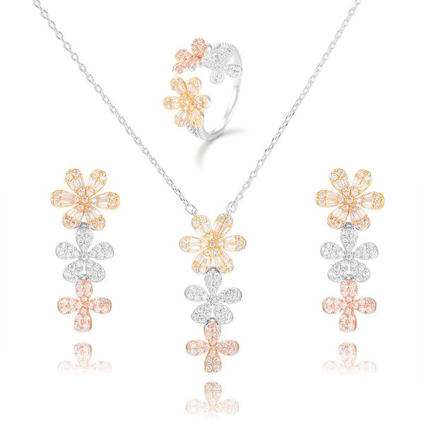

larrauri trendy brand classic long chains pendant necklace for women flower cubic zirconia stud earings engagement jewelry sets, Silver