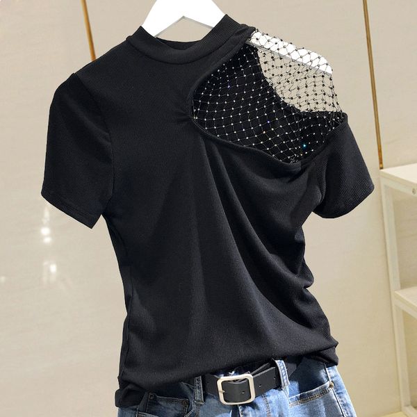 

2020 summer tshirt for women new diamond mesh hollow t-shirt ladies white black slim t shirt top