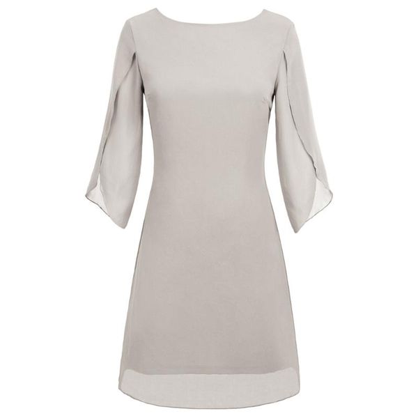 

casual dresses women's summer elegant double-layer 3/4 split sleeves scoop neck v-back chiffon dress female pure color, Black;gray