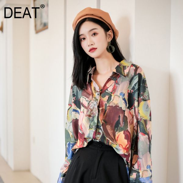 

deat] women printed mixed color split blouse new lapel long sleeve loose fit shirt fashion tide spring summer 2020 13s596, White