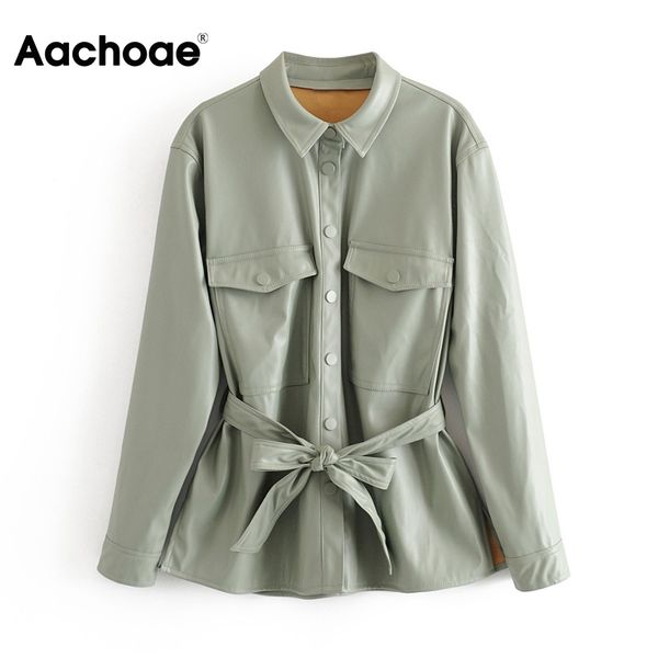 

women fashion faux leather jacket with belt 2020 ladies long sleeve streetwear jackets loose casual pockets outwear coat, Black