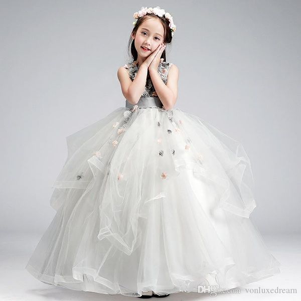 

lovely gray flower girl dresses 2020 o-neck ball gown appliques long little pageant gowns girls first communion gowns cheap, White;blue