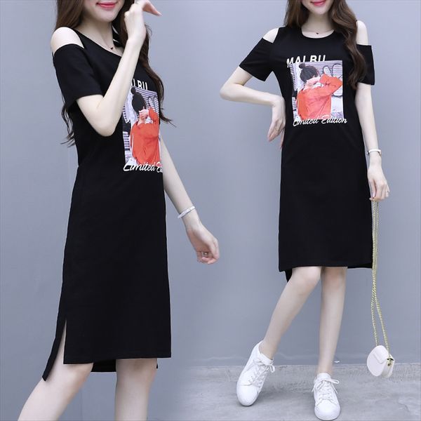 

medium and long t-shirt skirt 2020 summer black no hair shoulder-exposed t-shirt dress large size dress for women, White