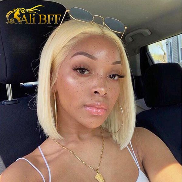 

613 straight lace front human hair wigs with baby hair pre plucked blonde lace front wig 150% short bob straight wig, Black;brown