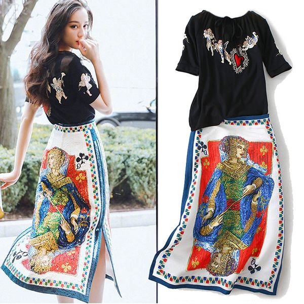 

runway 2019 2 piece women embroidery blouses and vintage retro floral print sequins elegant ladies party skirt suits ns960, White;black