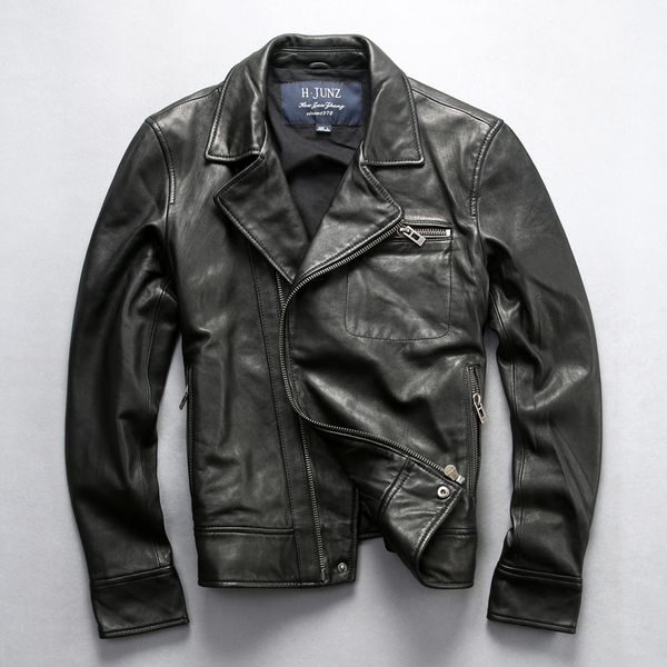 

autumn and winter new genuine leather men casual turn-down collar leather jacket motorcycle sheep leather jacket male, Black