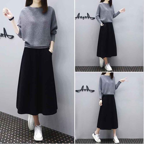 

2019 autumn new style knitted sweater women's skirt western style suit casual loose large size two-piece sweater long dress, Black;gray
