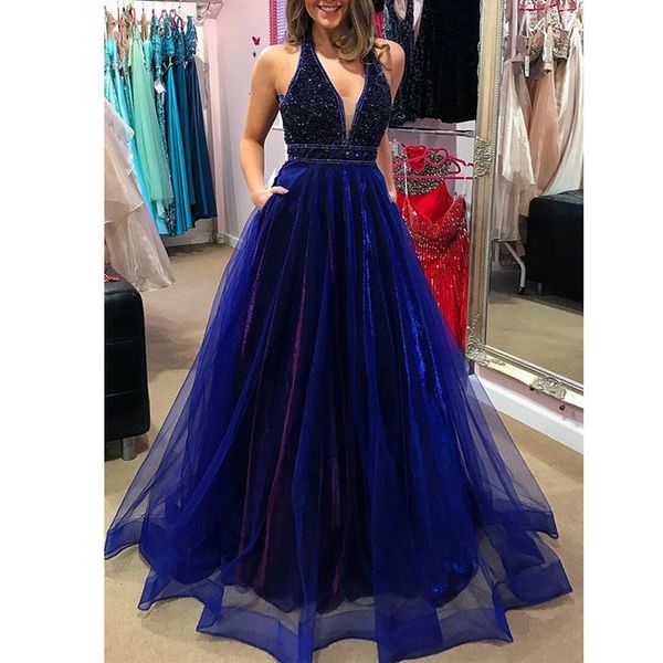 

blue v neck a line long prom dresses beaded sequins bodice evening gowns robe de soirÃ©e custom made party gowns, Black