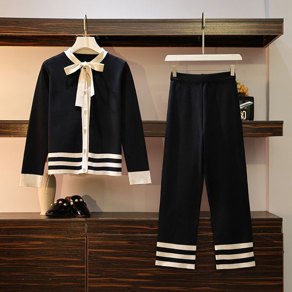 

women's striped sweater, suit, sets, knitted cardigans, trousers, set, tracksuit, bow tie, collar, sweater, + wide pants, 2, White