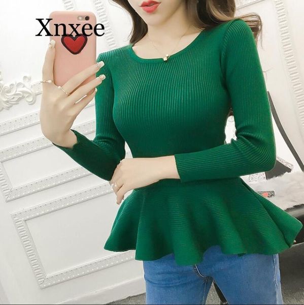 

women's sweaters solid sweater women burgundy black ruffles peplum skirt pullover long sleeve knitted tricot jumper sueter mujer winter, White;black