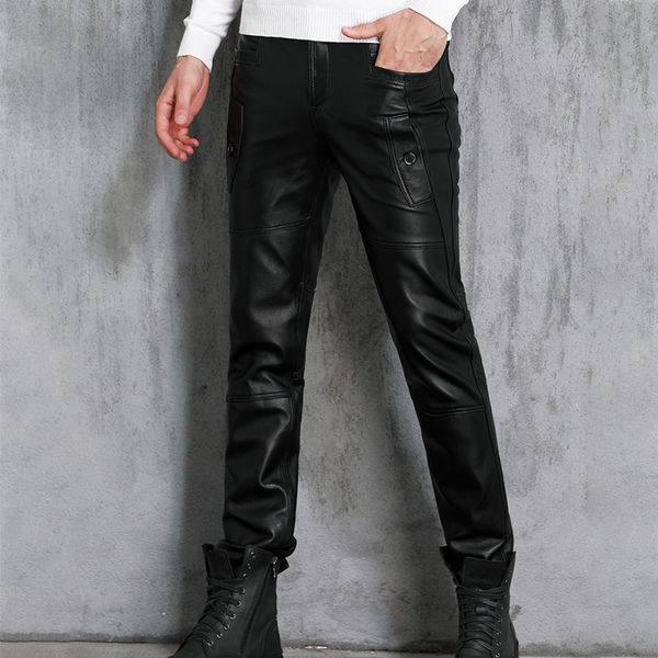 

men genuine leather pants men's winter slim fashion sheepskin casual fashion motorcycle pants male locomotive trousers 2020, Black