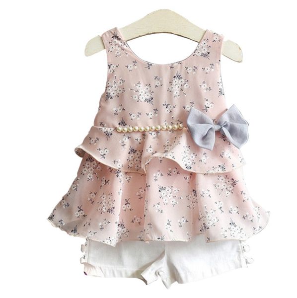 

девочки одежда наборы цветочные девушки платье шорты 2pcs set шифоновые смычков дети наряды летняя мода детской одежды 2 цвета yw3072q, White