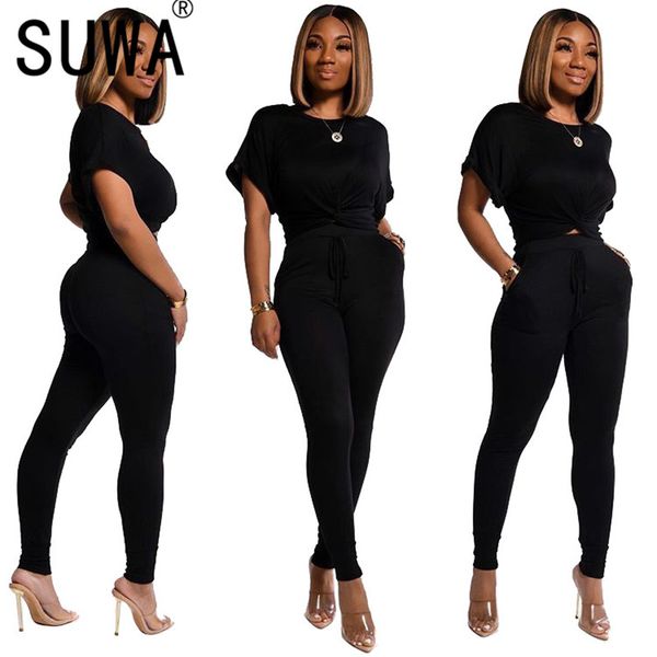 

solid color women tight outfit short sleeve crop and pencil pants 2 piece set casual sports suit, White